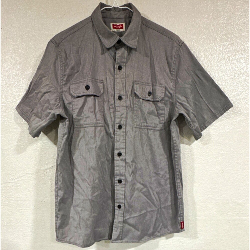 Wrangler Mens Gray Solid Short Sleeve Button-Up Shirt Pockets Size S